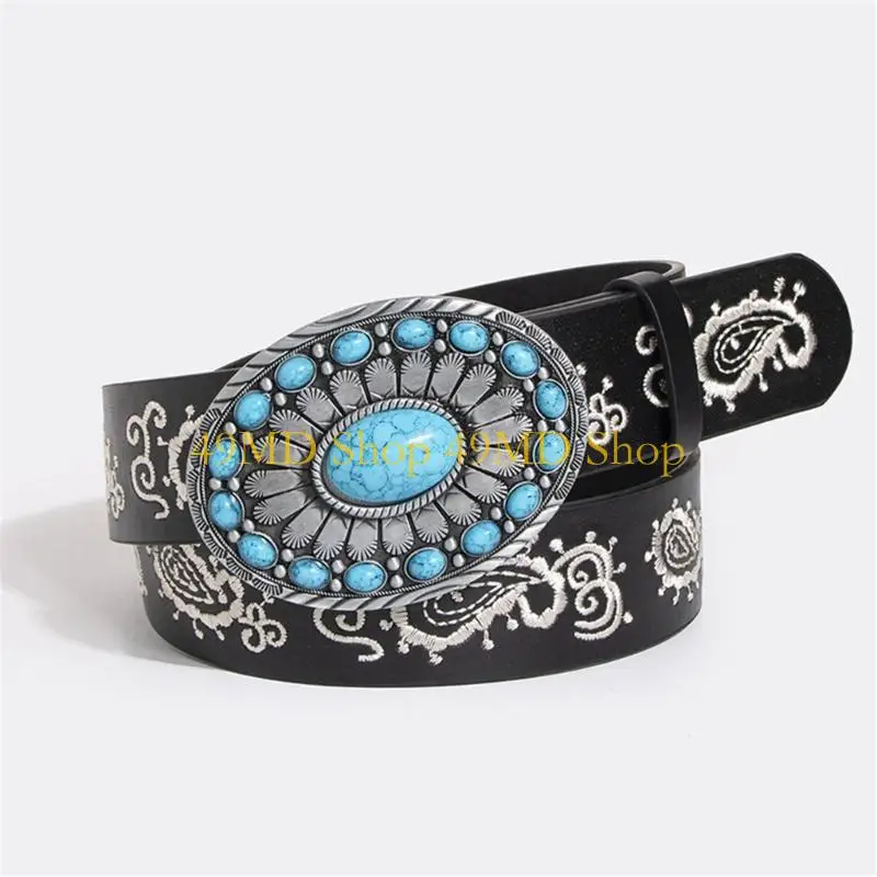 49MD Turquoise Embossed Buckle Belt for Women Ethnic Jeans Belt Bohemian Pants Belt for Costume Dress Up Waistband Accessory