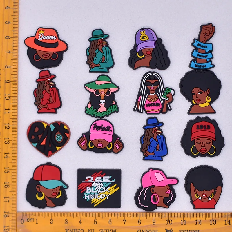 16pcs Beautiful Black Girls Shoe Charms for Clogs Shoe Decoration Premium Quality Popular Shoe Accessories for Great X-mas Gift