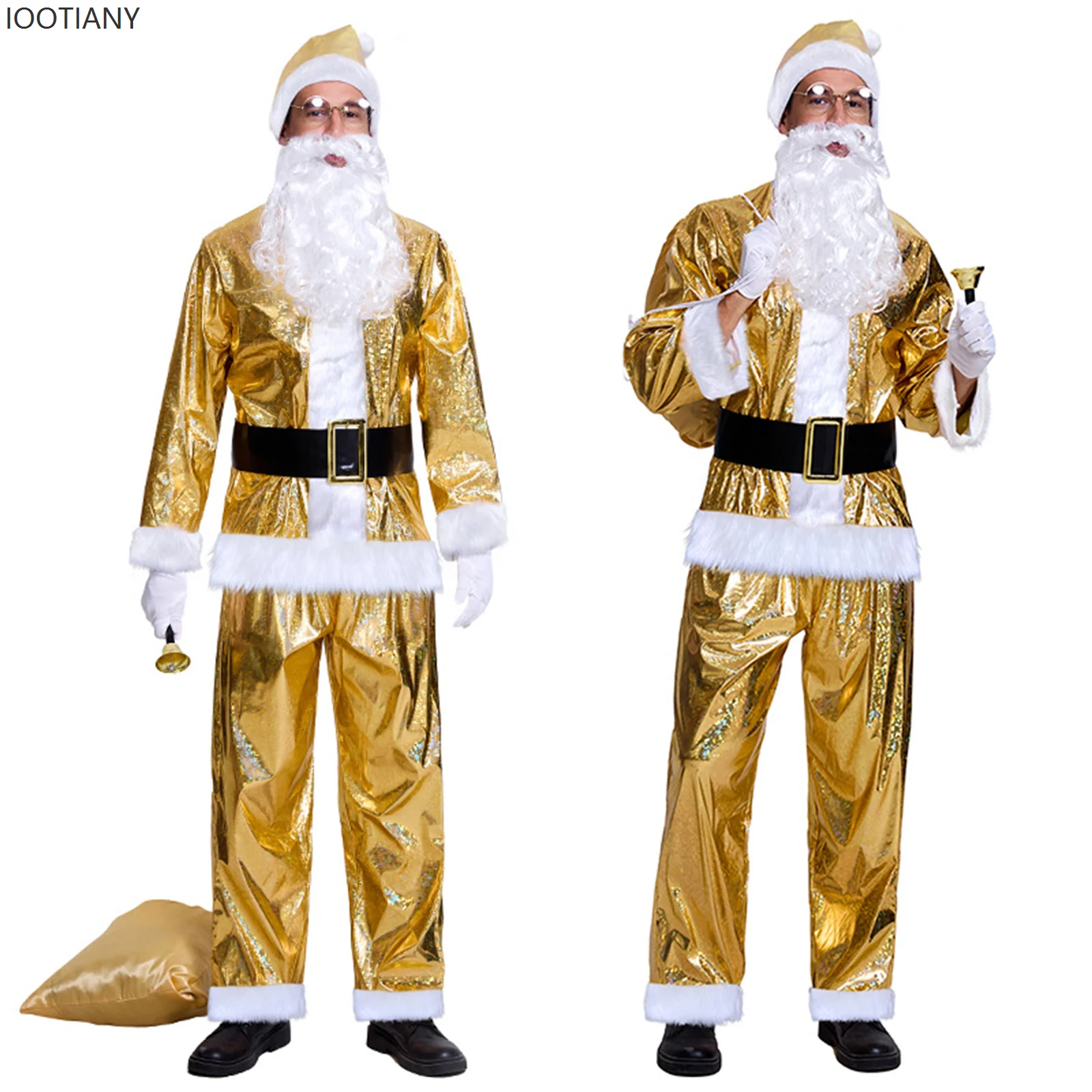 

IOOTIANY Gold Luxury Costume Christmas Xmas New Year Party Role Playing Santa Claus Suit Adult Men's Stage Performance Costume