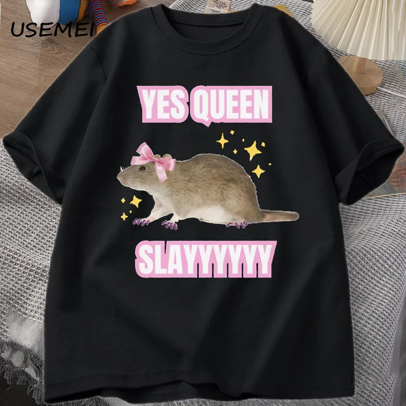 Yas Queen Slay T Shirt Humor Funny Cotton Short Sleeve Rat T-Shirt Men's Clothing Harajuku Retro Oversized Cotton T Shirt