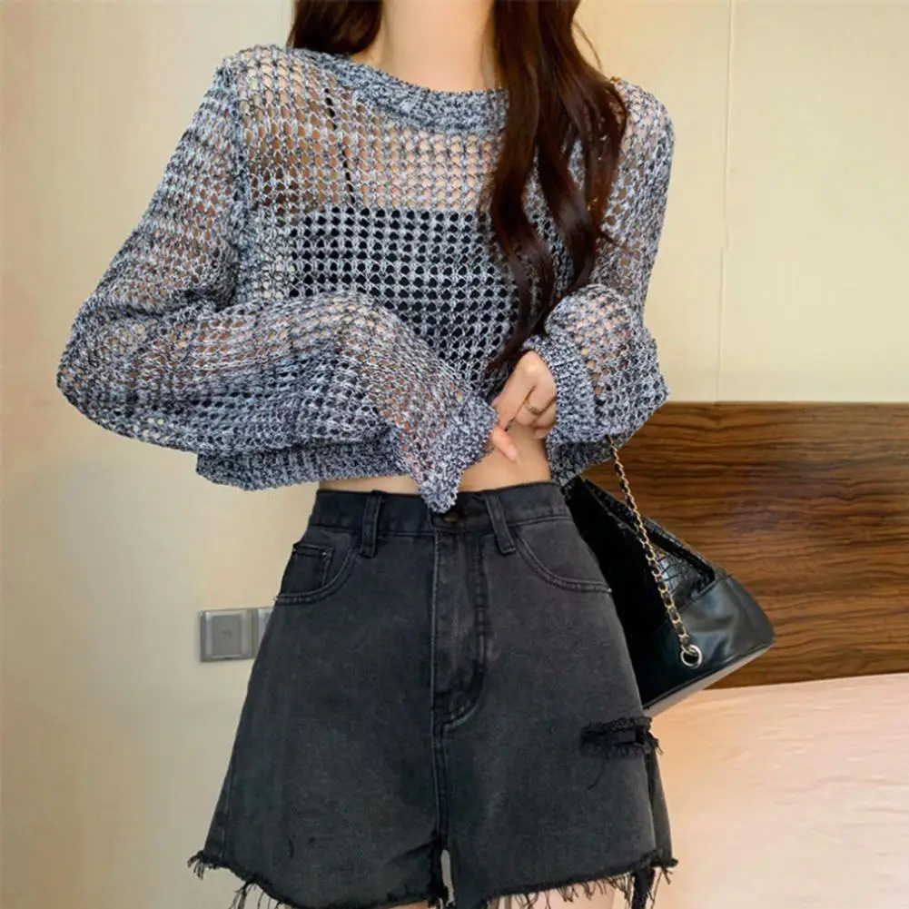 

Short Cover Up Blouse Women Tops Women’s Summer Pullover Tops Loose Fit Hollow Design Blouses Solid Color Thin Sun Protection