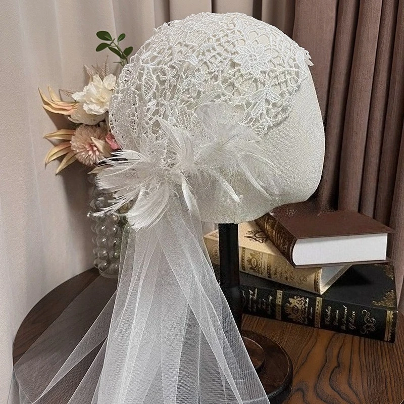 

Свадебная фея Фата Свадебная трехмерная шляпа с перьями Пряжа Средняя и длинная свадебная одежда для волос