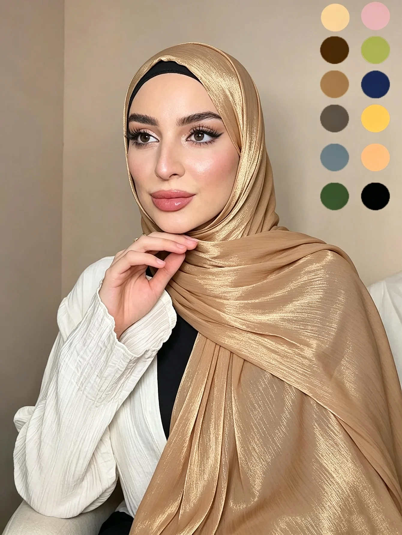 Shimmer Satin Crinkle Hijab Glossy Silk Like Muslim Women Scarf Solid Color Sparkly Chiffon Hijab Islamic Turban Headscarf