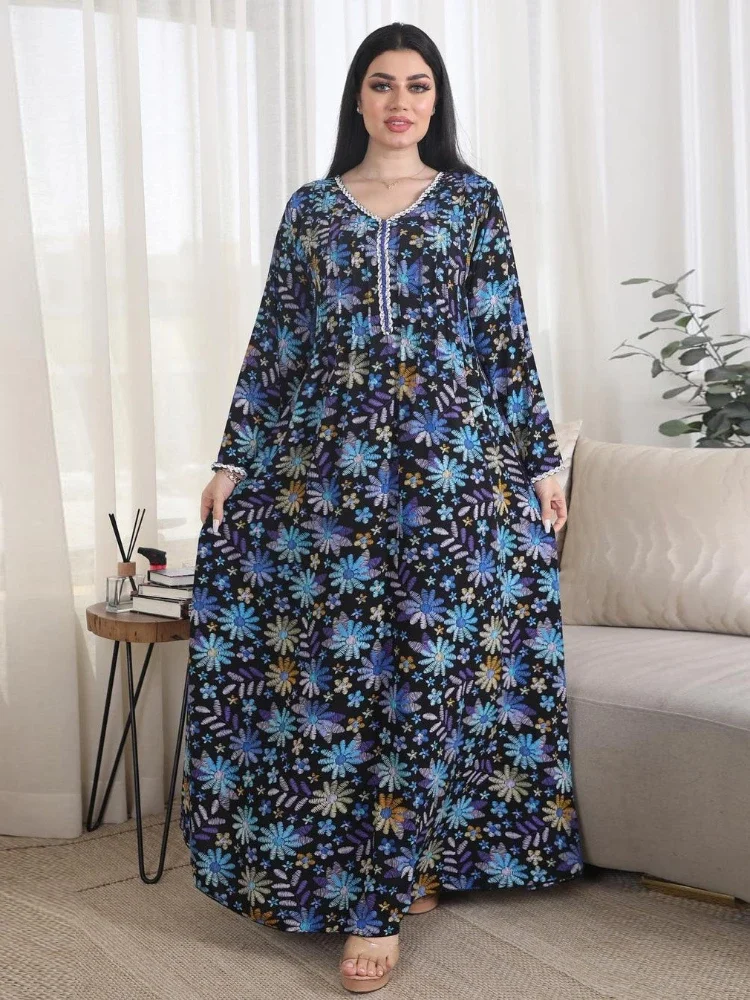 Vestido de Abaya musulmán Eid para mujer, estampado Floral, diamante, Jalabiya, Marruecos, Kaftan, Islam, túnica larga árabe, Dubai