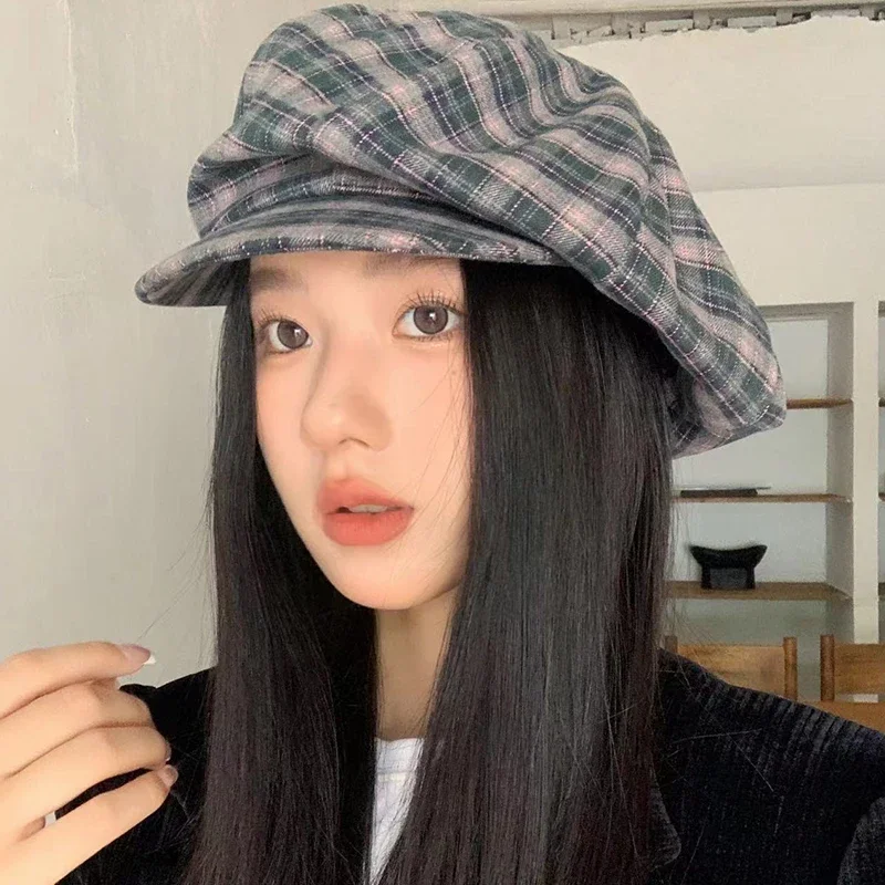 Vintage Contrasting Color Plaid Octagonal Hats Women Spring Summer Travel Photo Versatile Fashion Sunscreen Retro Cloud Berets