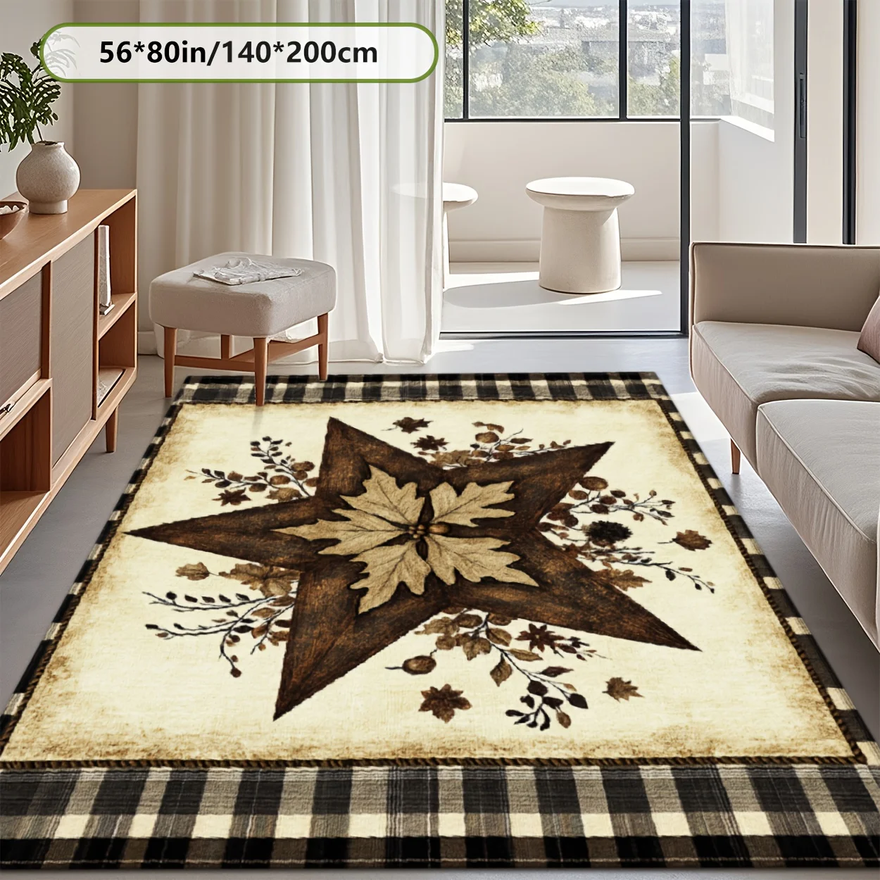 Rustic Country‑Style Star Maple Leaf Print Decor Rug, Buffalo Plaid Border Floor Mat for Living Room Indoor Home Decoration