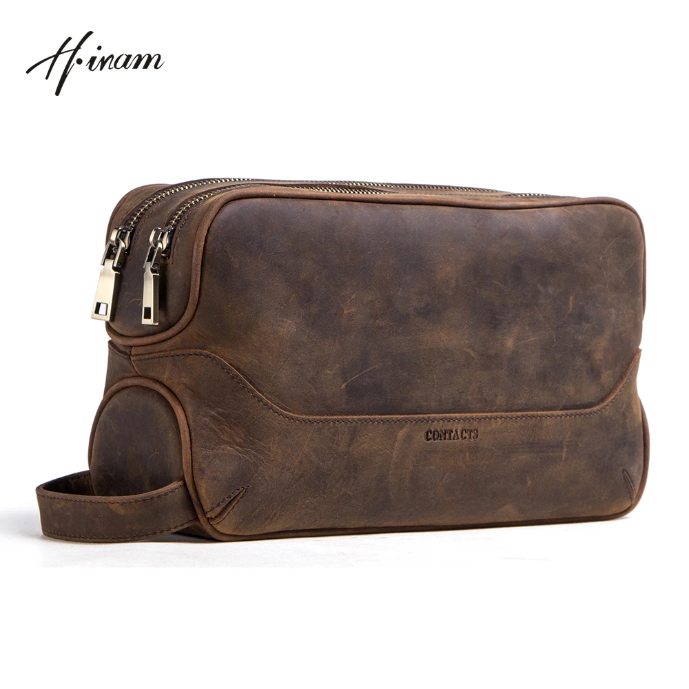 Hiram Luxury Genuine Leather Toiletry Bag Cosmetic Bag with Large Capacity Cosmetic Bags for Men Travel Portable Pouch Zipper