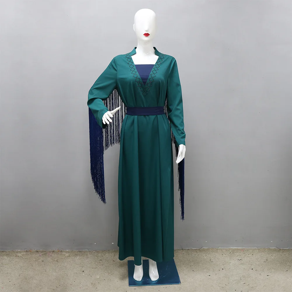 Middle East Diamond Fringed Robe Abaya Dress Muslim Dubai Arabian Women's Clothing Long Sleeve