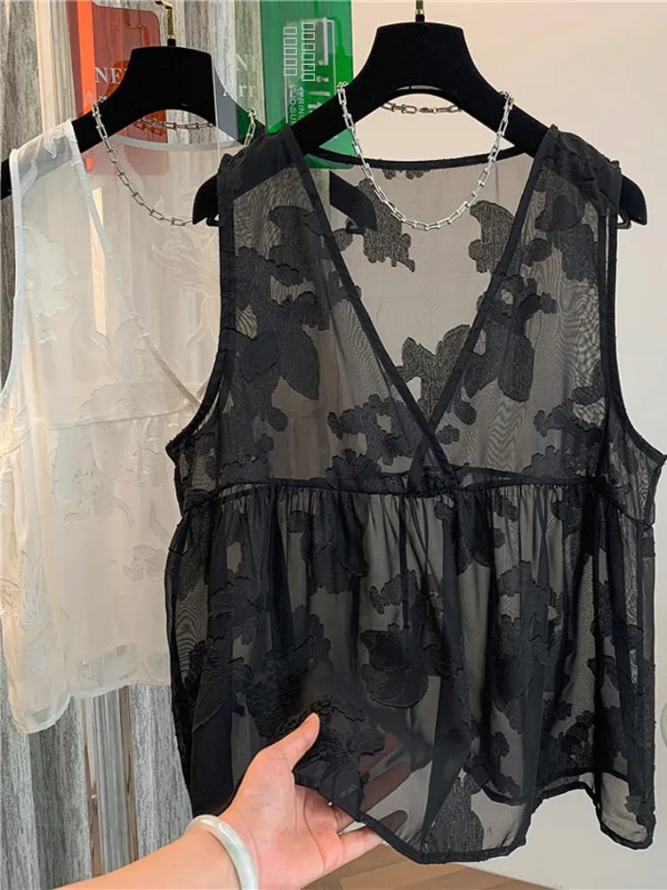 Faionable Embroidered V-Ne Ladies Vest Top Summer Outerwear Oversize Svel Cover up Cotton Polyester Blend