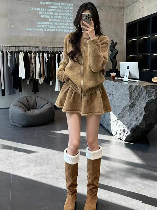 

Autumn Winter Vintage Faion Women's Knitted Zipper Cardigan Sweater And Skirt Two-Piece Set Warm Cozy Casual Outfit