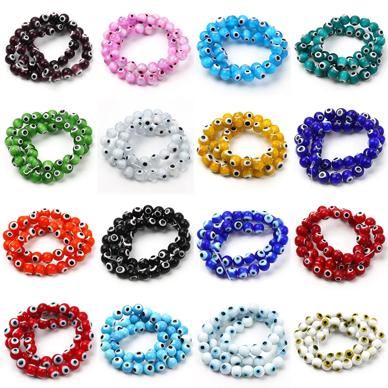 46 Stück 8 mm mehrfarbige glasierte Glasperlen, runde böse Augenperlen, lose Distanzperlen für DIY-Schmuckherstellung, Armband-Zubehör