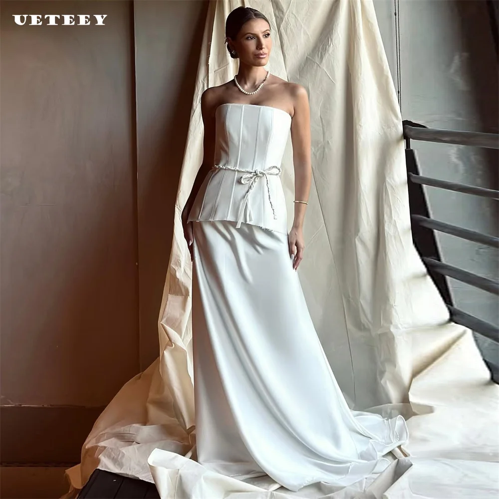 

UETEEY Customized Korea Bow Strapless Crepe Simple Wedding Dress For Women Elegant Sheath Zipper Back Court Train Bridal Gown