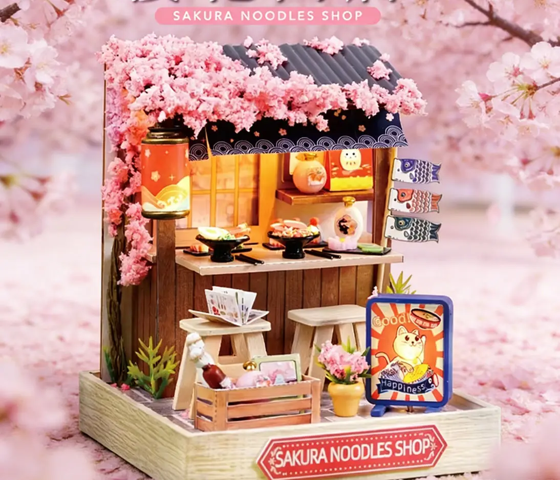 DIY Sakura Noodle Shop Mini-Haus-Set – handgefertigtes Montagemodell, Spielzeug, kreatives Geburtstagsgeschenk, Heimdekoration mit Lichtern
