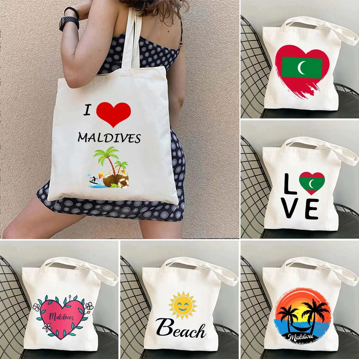 

Vintage Retro Summer Beach Holiday Maldives Maldivian Flag Love Heart Shopping Shoulder Canvas Tote Bag Harajuku Shopper Handbag