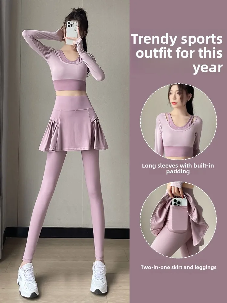 

Women's Sportswear Set 2026 New Pilates Training Yoga Clothes Running Fitness Tennis Badminton Skirt Pants High Waist Nylon F...