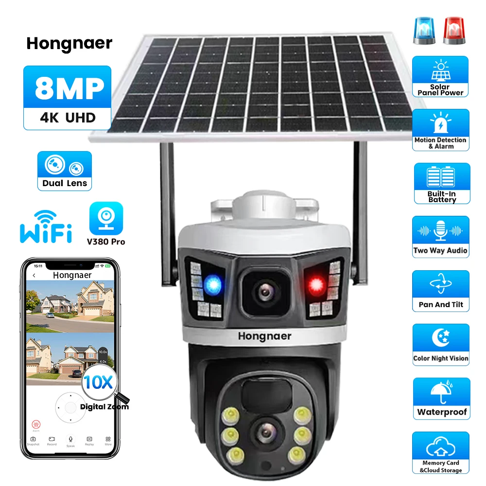 Hongnaer 8MP 4K V380 Pro عدسة مزدوجة لوحة طاقة شمسية ذكية تعمل بالطاقة اللاسلكية PTZ IP WiFi كاميرا CCTV خارجية تعمل بالطاقة الشمسية