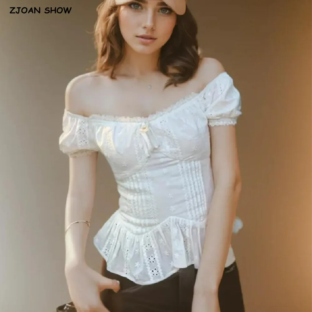 2025 Sexy White Embroidery Hollow Out Lace Elastic Slash Shoulder Short Sleeve Shirt Women Elastic Back side Zipper Crop Tops