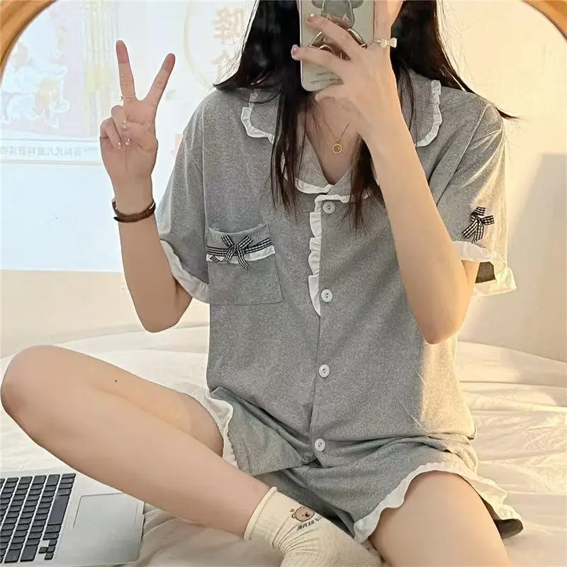 Women's Pajama Set Short Sleeve Shorts 2-Piece Pyjamas Pijama Summer Sleepwear Soft Ruffle Lounge Nightwear Homewear for Ladies