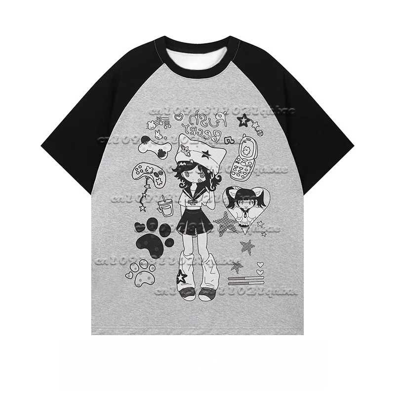 

Sweet Cartoon 3D Printed Short Sleeved T-shirt, Summer Color Blocked Japanese Loose and Versatile Quick Drying Top, Trendy