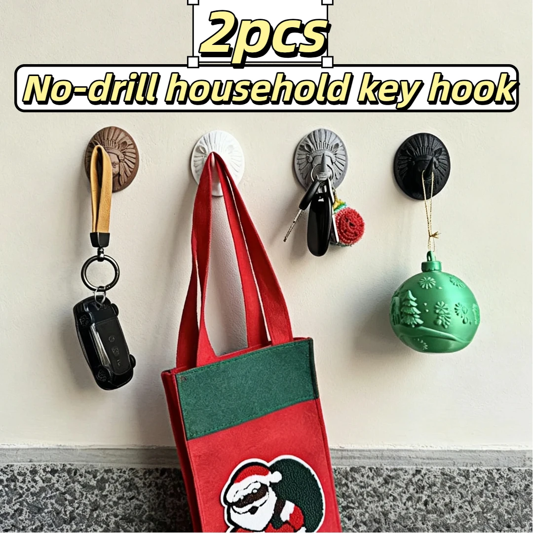 2pcs Vintage Embossed Tribal Rhino Shaped Key Hooks - No-Drill Wall Mount / Suitable for Bags, Hats, Scarves,