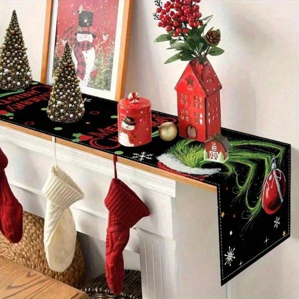 JIT Grinch Christmas Table Runner Cartoon Pattern Unique Style Festive Christmas Decor For Dining Table Holiday Party Decoration