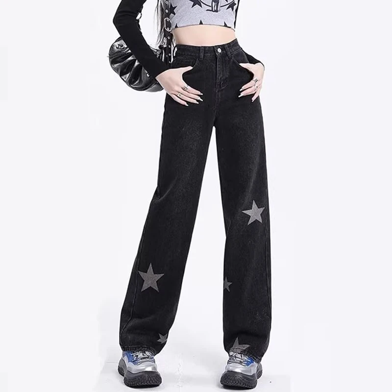 Fashion Style Vintage Star Decoration Jeans Girls High Street Y2k Denim Straight Leg Pants Lady Streetwear Punk Black Trousers