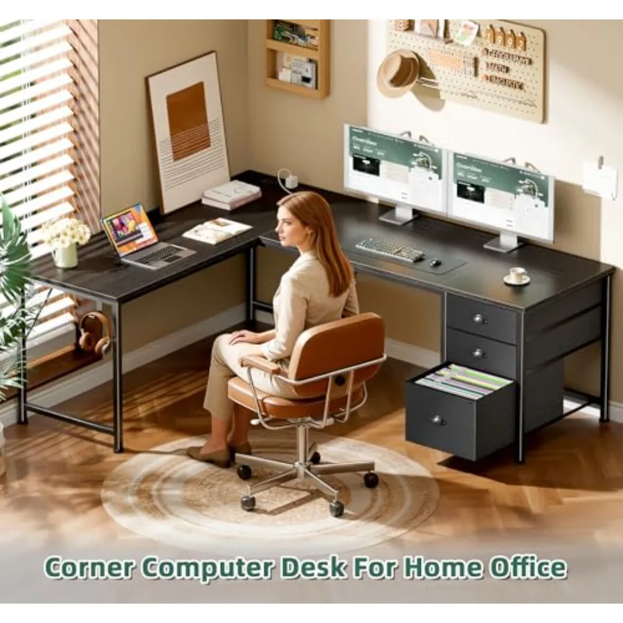 Home office desk: L-shaped, engineered wood, white, 63 with power outlets, USB-C port, reversible corner, 3 fabric drawers hook