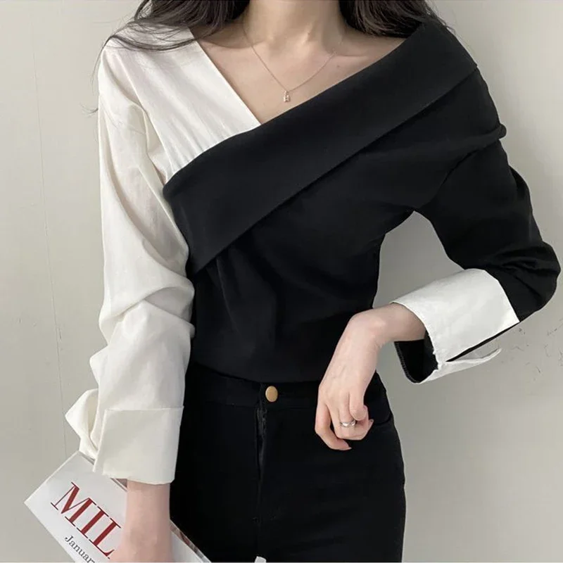 Gidyq Vintage Women Patchwork T Shirt Korean Casual All Match Long Sleeve Tops Y2K Elegant Female Chic Loose Tees Spring New