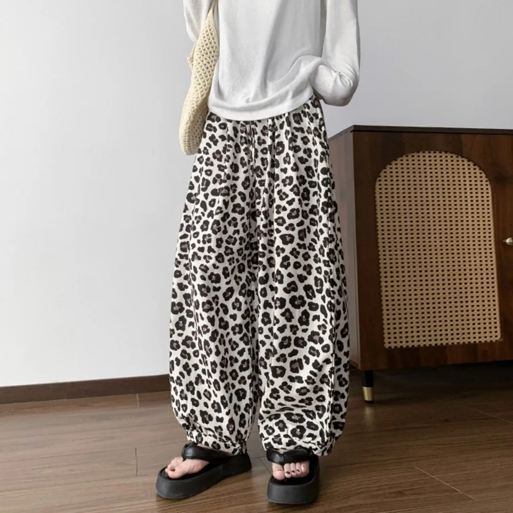 High Waist Leopard Print Pants Elastic Waist Breathable Cropped Wide Leg Pants Wide Leg Lightweight Loose Fit Trousers Women