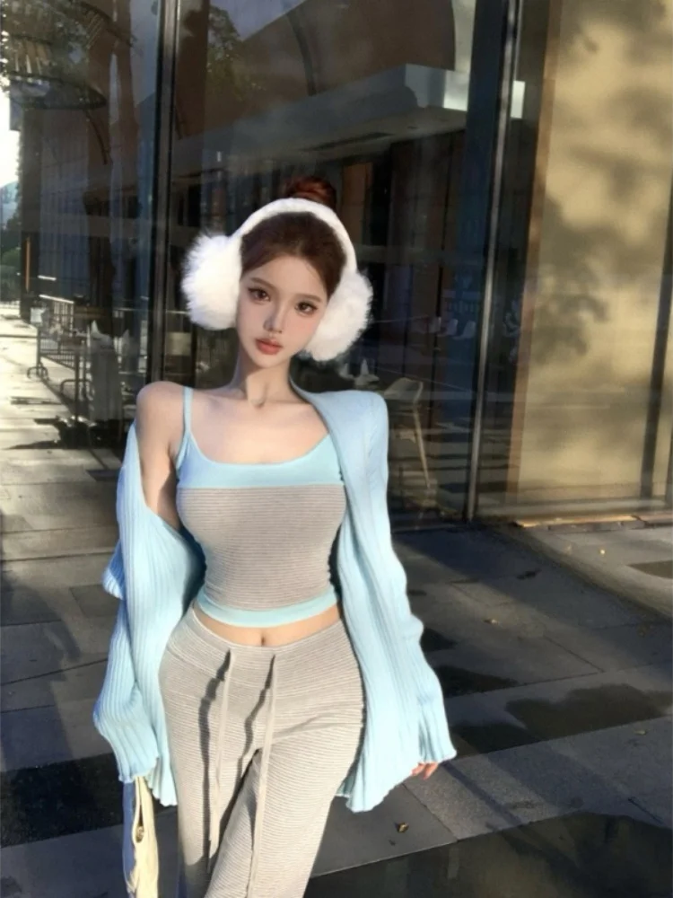 Senhoras casual sle coreano listrado camisola conjunto confortável v-ne longo sve calças de cintura alta faionable início do outono wear