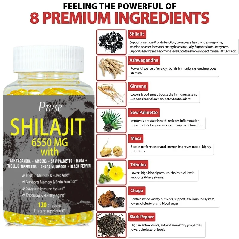 Shilajit Resin Himalayan Capsules - 6550mg - Combined Ashwagandha, Ginseng, Saw Palmetto, Maca, Tribulus, Chaga, Black Pepper