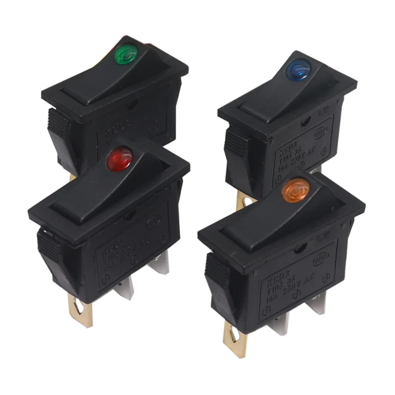 【10-2PCS】Red Blue Green Yellow Light 16A 250VAC KCD3 Rocker Switch ON-OFF 3Pin with Dot Light for Motor Car Auto Switch