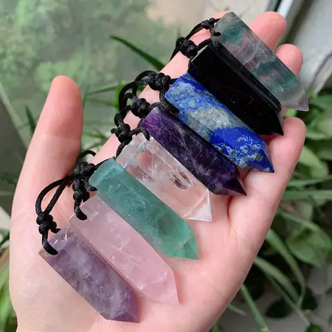 Natural Crystal Quartz Necklace Big Bullet Pendulum Stone Amulet Hexagonal Point Amethysts Fluorite Crystal Pendant Necklaces