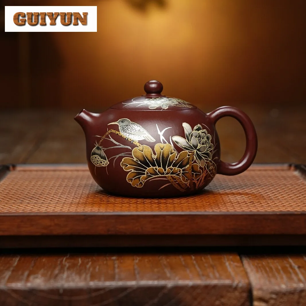 

220ml Handmade Yixing Purple Clay Teapots Handmade Gilding Xishi Pot Raw Ore Purple Mud Kettle With Strainer Zisha Tea Set Craft