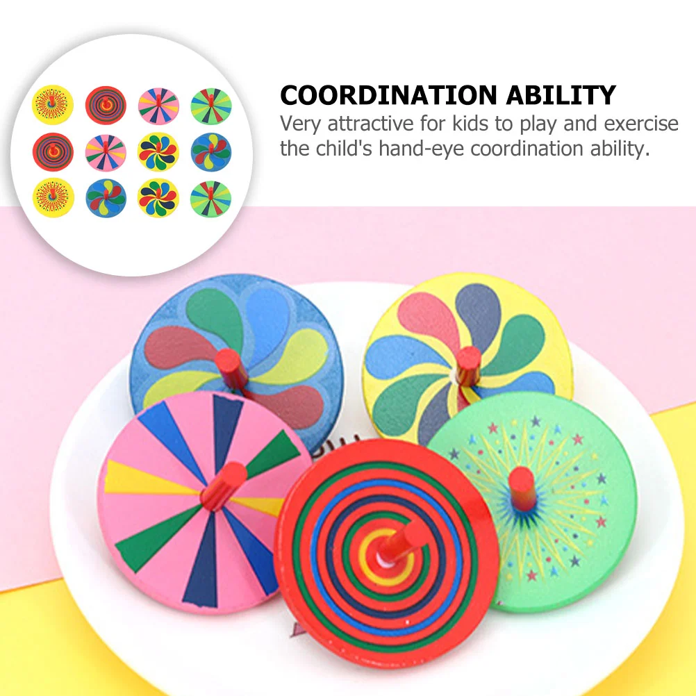 

12PCS Wooden Simple Gyro Toys Portable Gyro Toys Interesting Gyro Playthings (Random Color) Wooden Tops Toys
