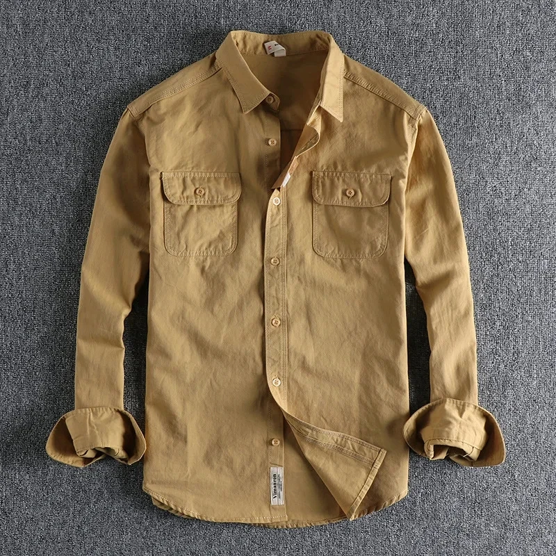 American European Vintage New Fashion Men's Solid Color Long Sleeve Cotton Casual Trendy Loose Cargo Shirts Male Pocket Clothes