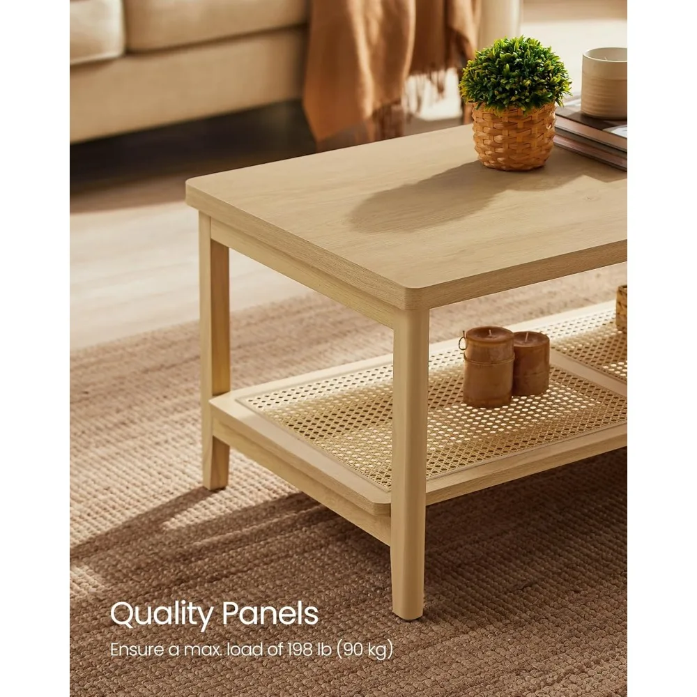 2-Tier Coffee Table for Living Room, Living Room Table Rectangular Center Table, with PVC Rattan Storage Shelf