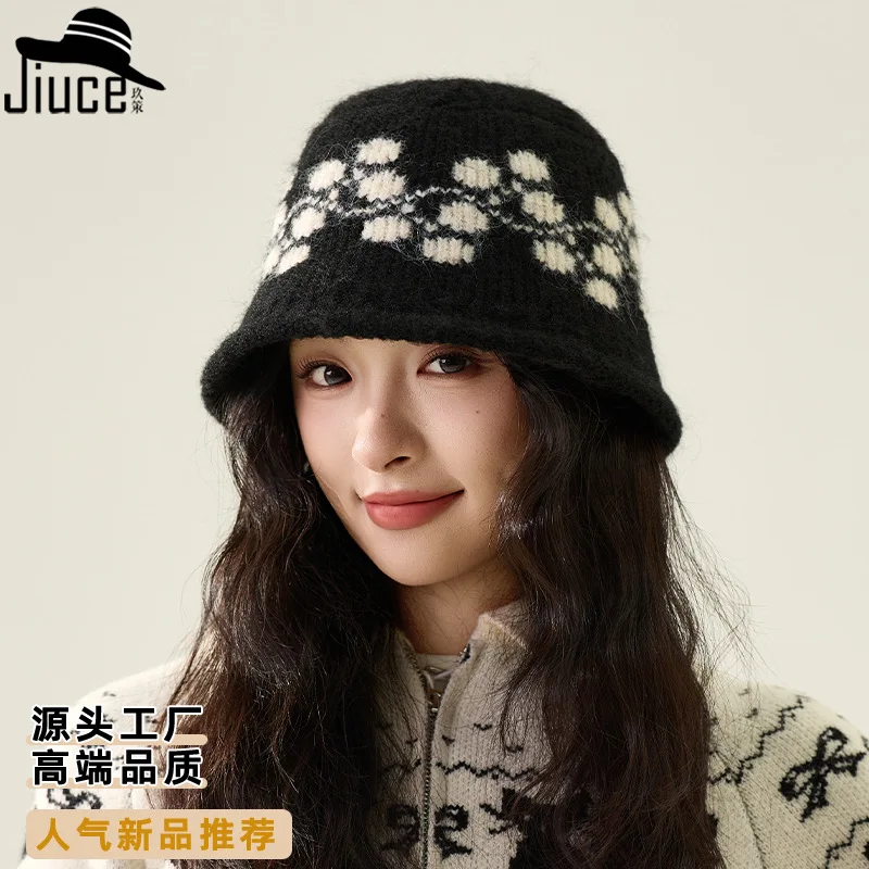 

Dot Jacquard Knitted Bucket Hat Winter New Face Covering Basin Hat Versatile Fisherman's Hat Bucket Hats Fischerhut 4m699