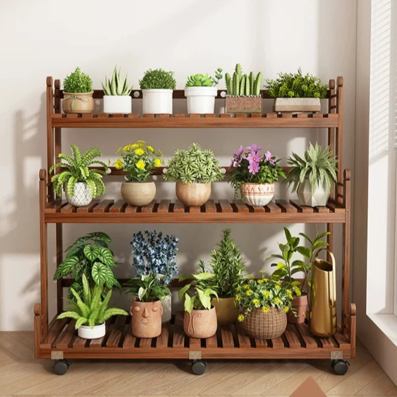 Mobile Tiered Solid Wood Plant Stand, Large Capacity Flower Pot Shelf for Living Room & Balcony, Indoor Floor Display Rack