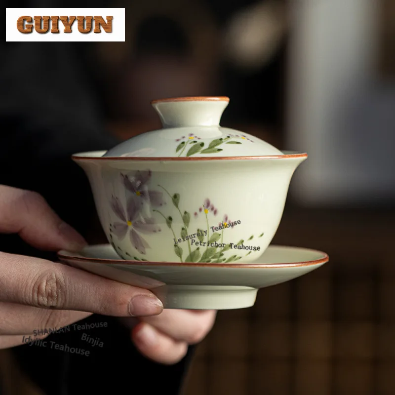 180ml Plant Ash Hand-painted Floating Gaiwan Antique Tea Tureen Tea Bowl With Lid Kit Tea Maker Cover Bowl Tea Items Ornaments