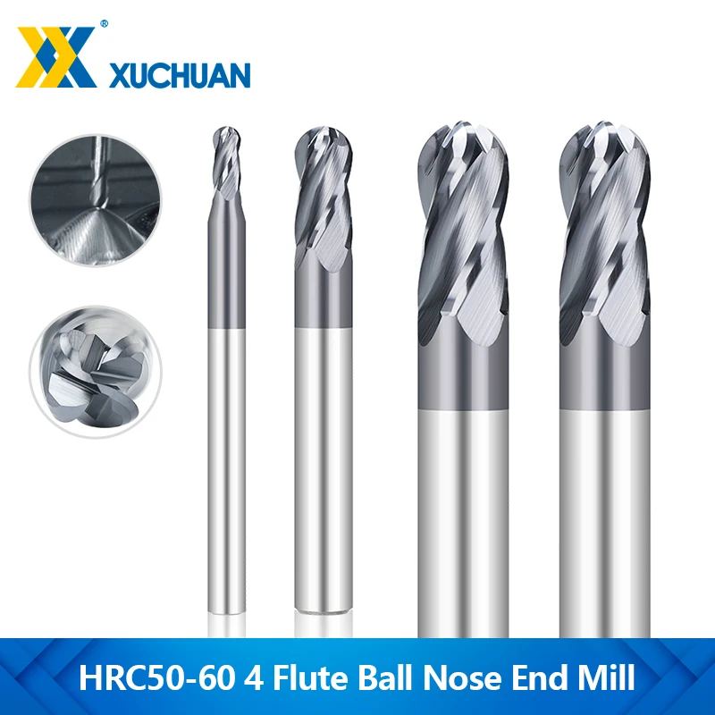 

XUCHUAN R0.5-R8 4 Flute Ball Nose End Mill HRC50 High Hardness Carbide CNC Machine Milling Tool Spiral Milling Cutter for Steel