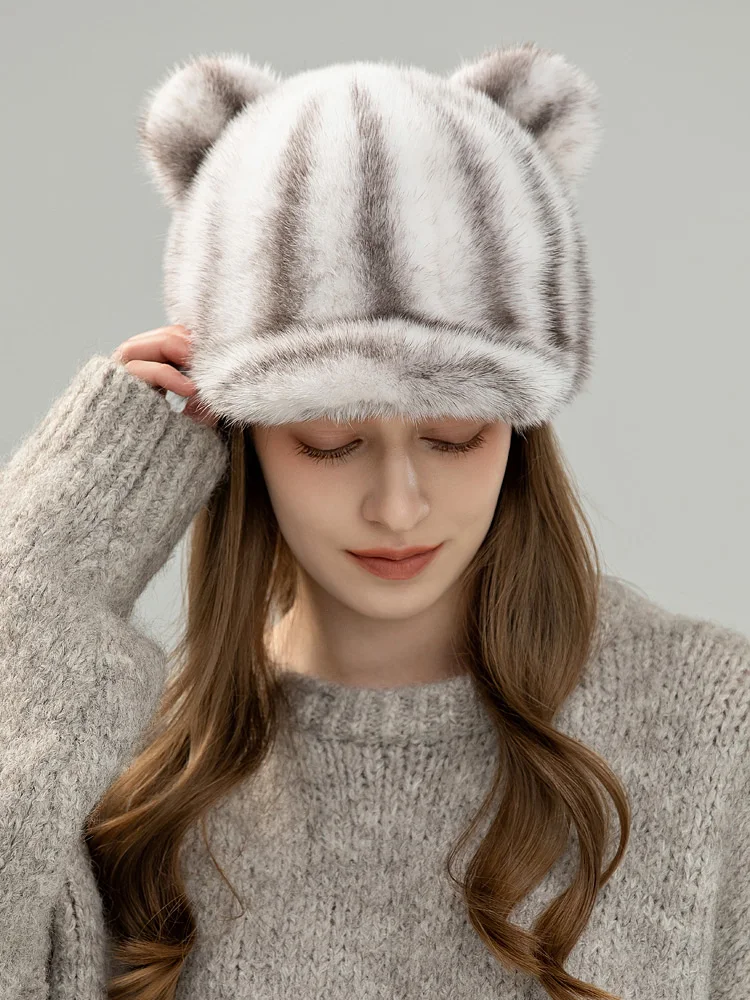 faionable-thiened-winter-dubill-cap-women's-mink-fur-ear-hat-adjustable-round-top-ort-brim-casual-sle-hat