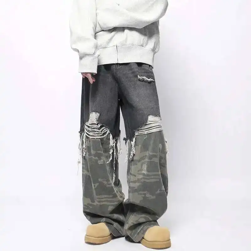 LUZHEN Broken Camo 2025 Printed Hole New Personalized Splicing Design High Street Jeans Men Stylish Straight Denim Pants JY8121