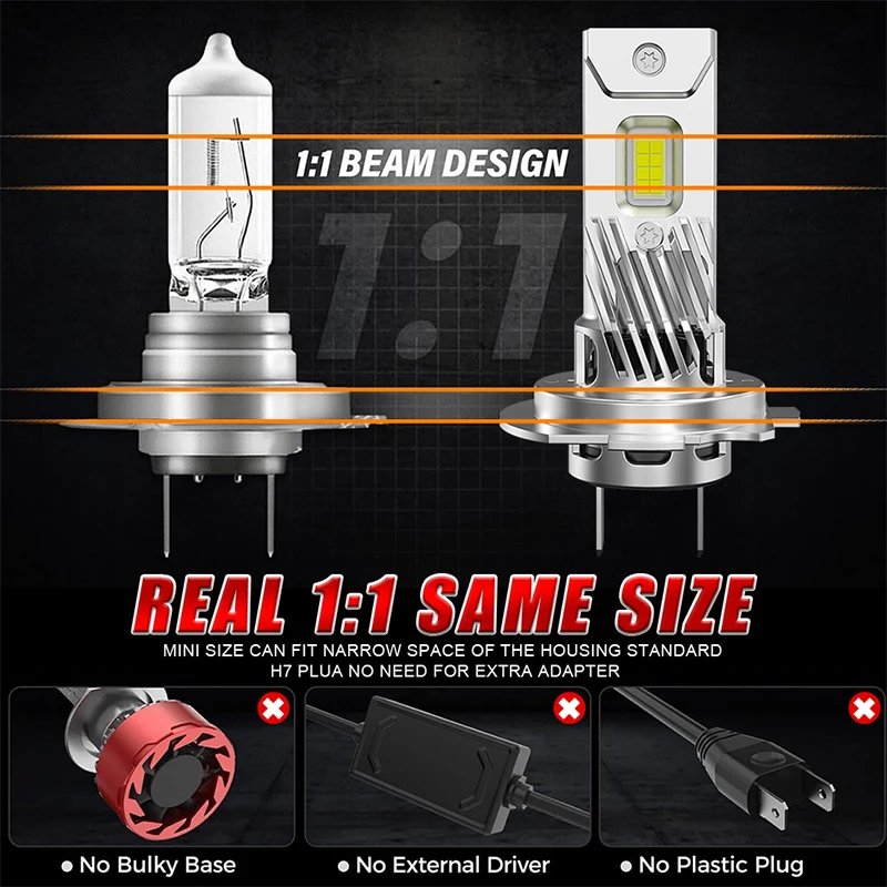 DUALVISION لمبات LED عالية الطاقة H7 مصابيح أمامية توربو 6500K أبيض 800000 LM 12V 24V 8054 CSP Chips LED Diode المعتمدة H7 مصابيح صغيرة