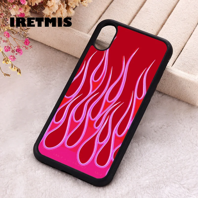 Iretmis Phone Cover Case For iPhone X XS Max XR 11 12 13 PRO MINI 14 15 16 Plus Rubber Silicone Pink Flames