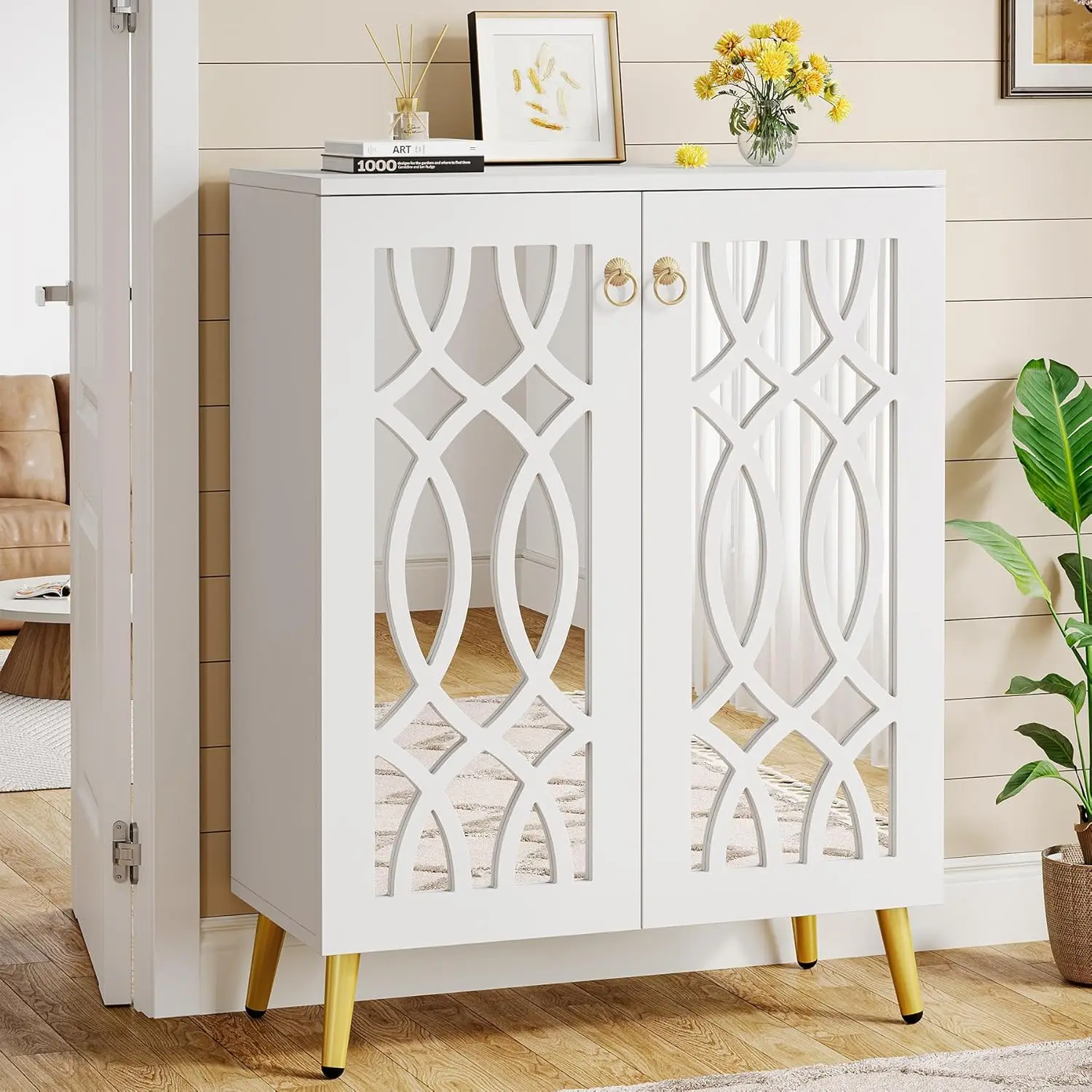 

Mirror Shoe Cabinet, 5-storey White Modern Shoe Cabinet with Doors, Large Wooden Independent 25 Pairs of Shoes