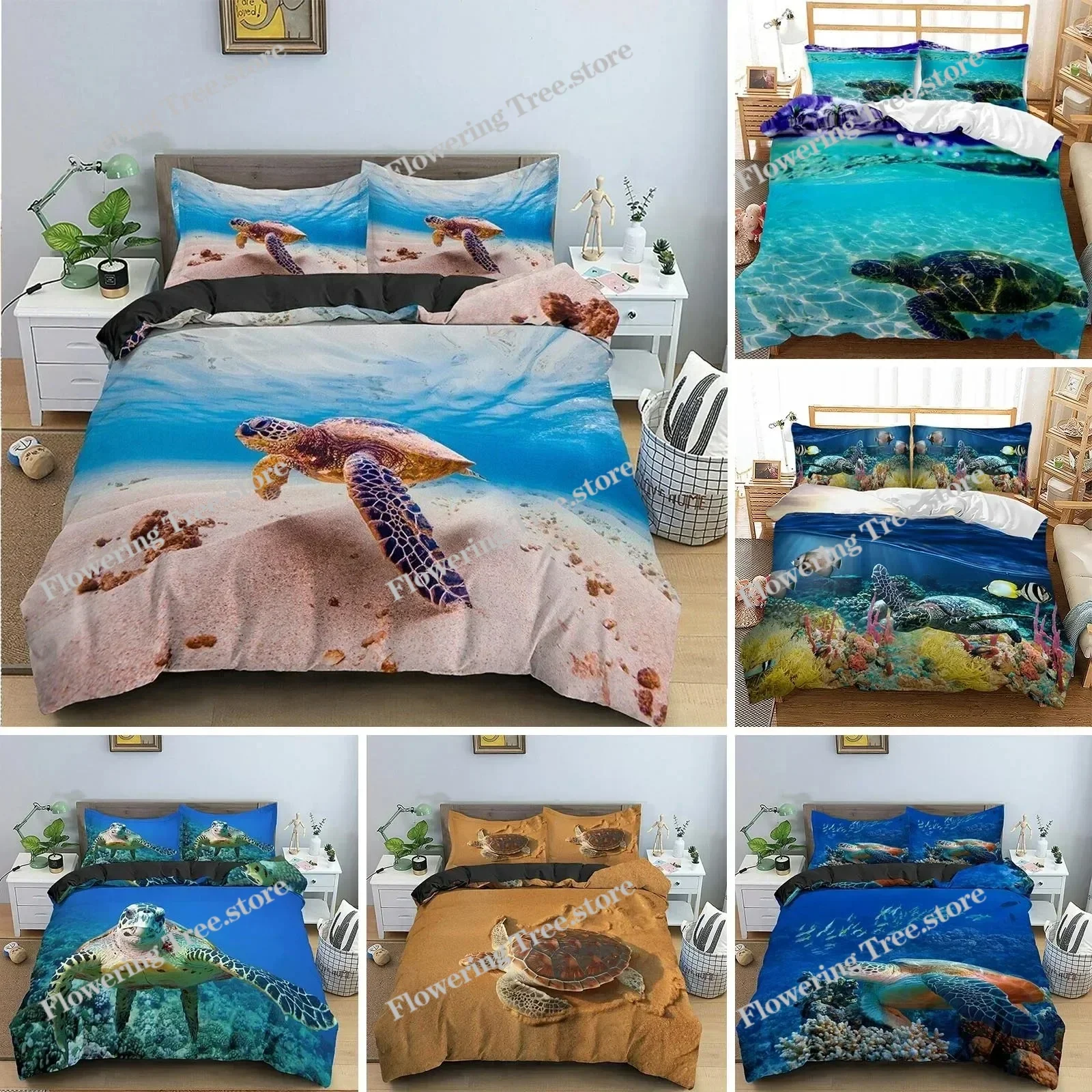 Sea Turtle Duvet Cover King Size Shark Bedding Set,Ocean Animals Bed Set,Tortoise and Coral Printed Polyester Comforter Cover