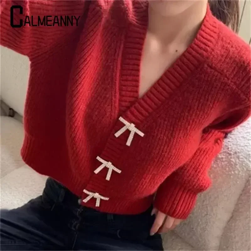 2023 Winter Korean Edition Simple Loose Slim Knitted Sweater Rhinestone Bow Buttons Cardigan Sweater Solid Color V-neck Sweater