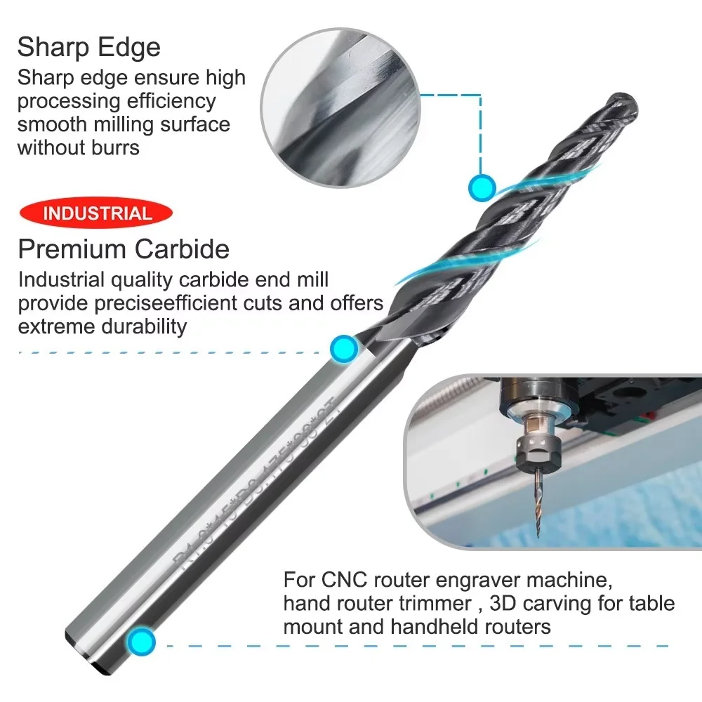 1pc R0.25-R1.0 테이퍼 볼 노즈 엔드 밀 TiAIN 코팅 CNC 밀링 커터 3.175mm 생크 카바이드 목공 조각 비트