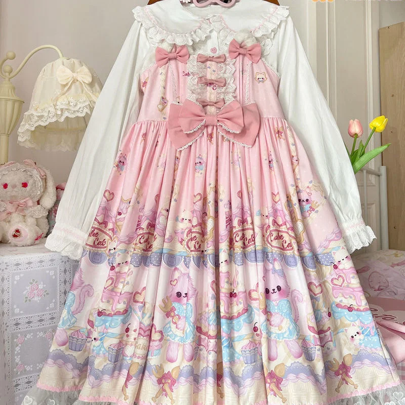 Sweet Lolita Dress Women Vintage Gothic Printed Summer senza maniche Dress Japanese Bow Bear Kawaii Princess Maid Dresses JSK